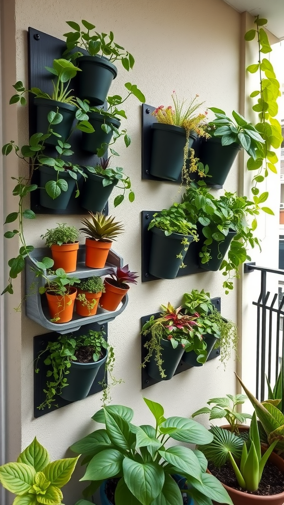 A vertical garden with various plants in wall-mounted pots, showcasing a compact and green space.