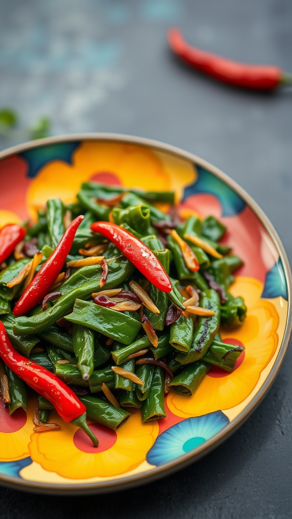 A colorful plate of stir-fried amaranth greens garnished with red chilies