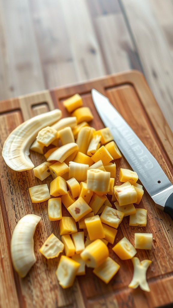 Chopped banana peels on a cutting board next to a knife