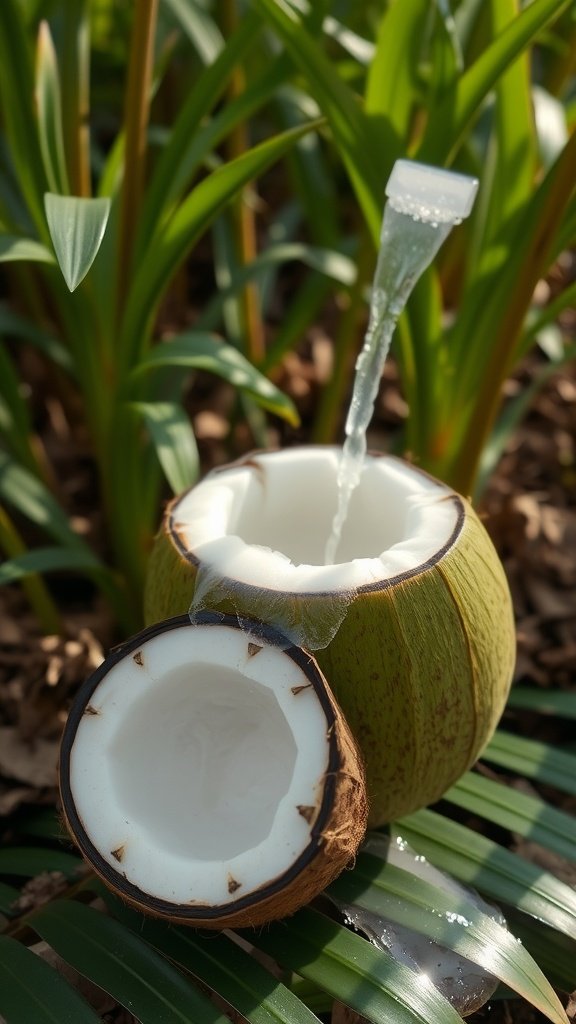 A fresh coconut cut open, with water flowing out, surrounded by green plants.