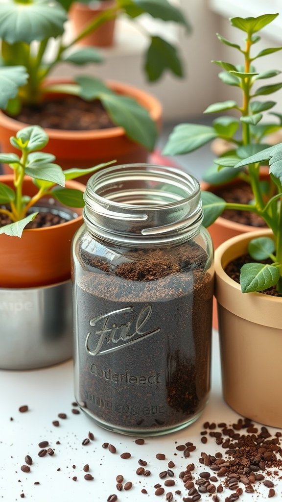 A jar of coffee grounds beside potted green plants.