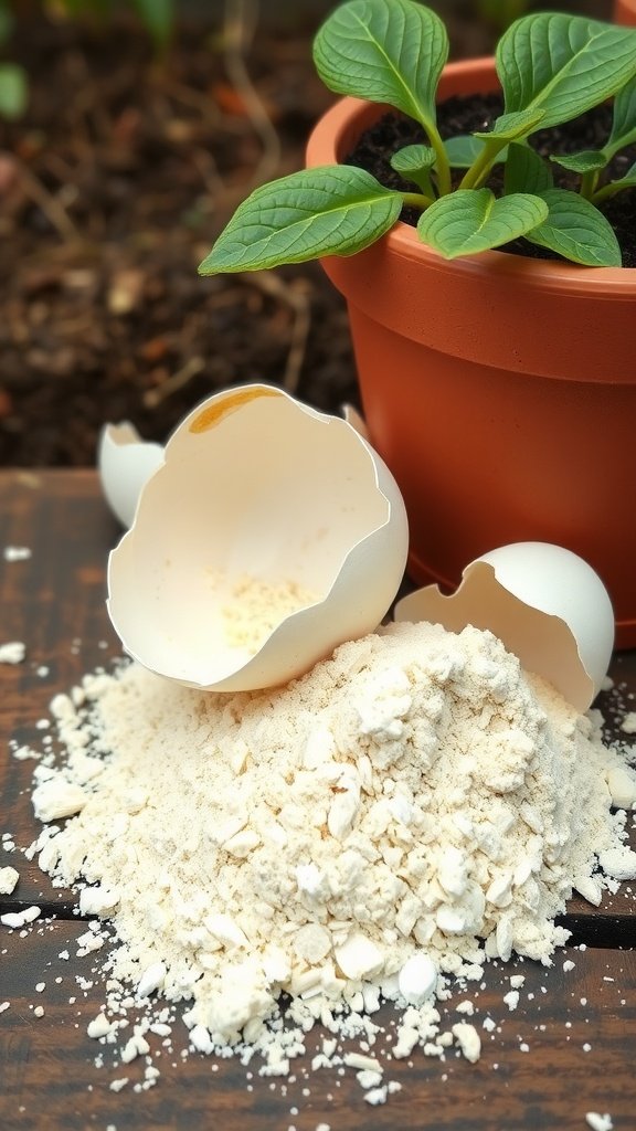 Eggshells crushed into powder next to a potted plant