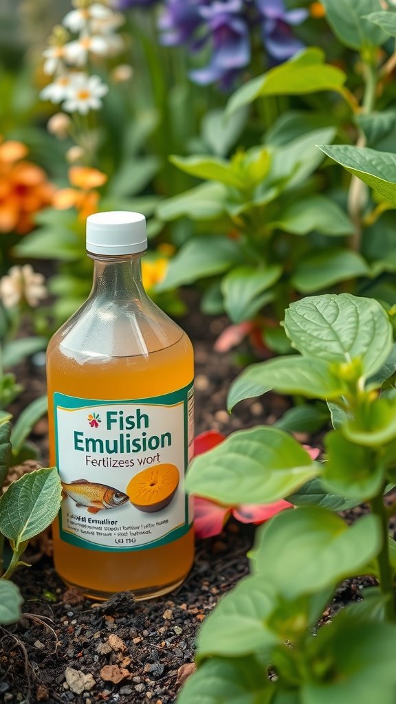 A bottle of fish emulsion fertilizer placed among colorful flowers in a garden