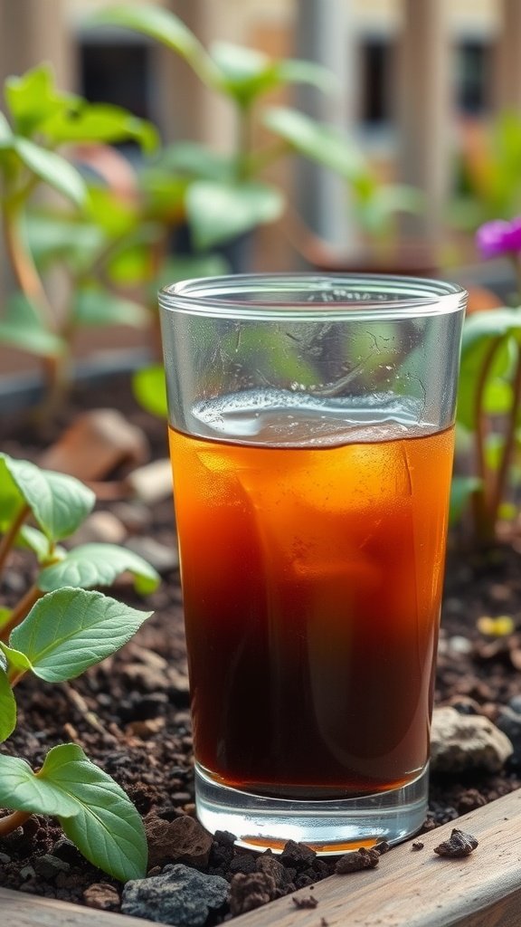 A glass of molasses liquid fertilizer surrounded by plants in a garden.