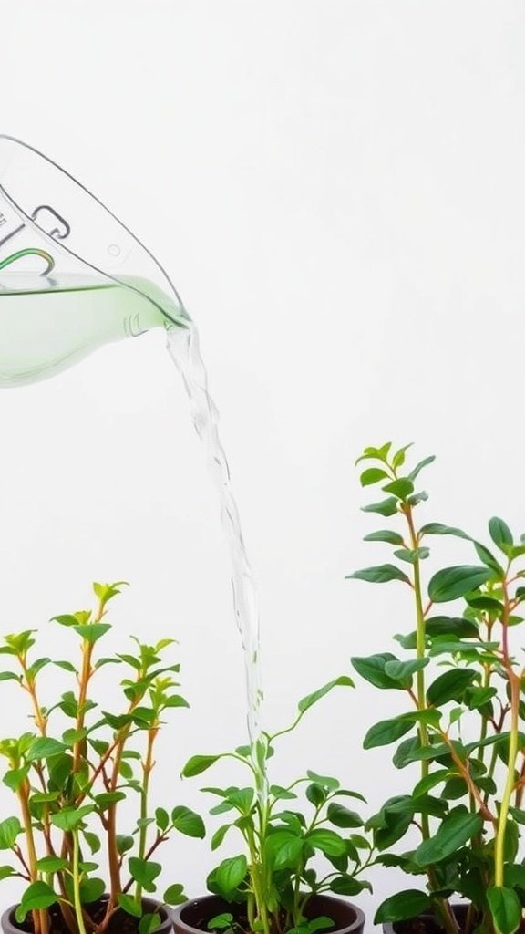 A clear measuring cup pouring rice water onto green plants.