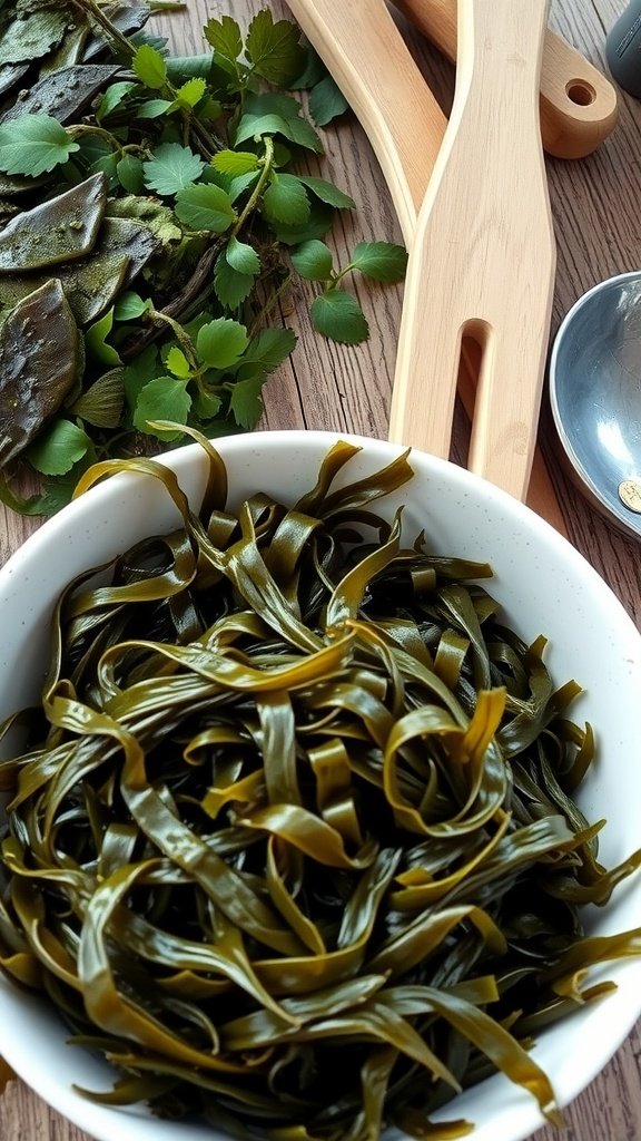 Bowl of seaweed strips with fresh herbs and utensils on a wooden surface