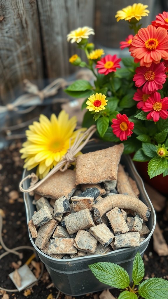 A container filled with wood ash, surrounded by colorful flowers, representing a natural plant fertilizer.