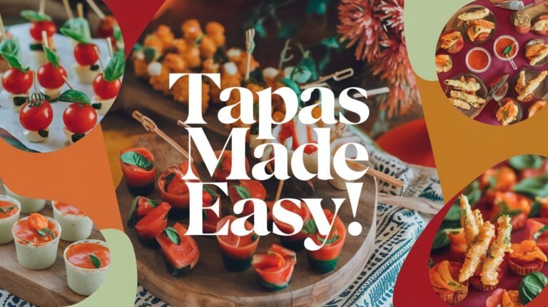 Create a vibrant photo collage that captures the essence of "25 Fresh and Easy Tapas-Inspired Appetizers for Your Next Gathering." Showcase an array of colorful and inviting appetizers like mini Caprese skewers, zesty gazpacho shots, and crispy veggie tempura, all artfully arranged against a backdrop of rich, natural colors. Overlay bold and whimsical text that reads "Tapas Made Easy!" The design should be lively yet not overcrowded, perfect for catching the eye on Pinterest while inviting readers to explore these simple, delicious dishes.