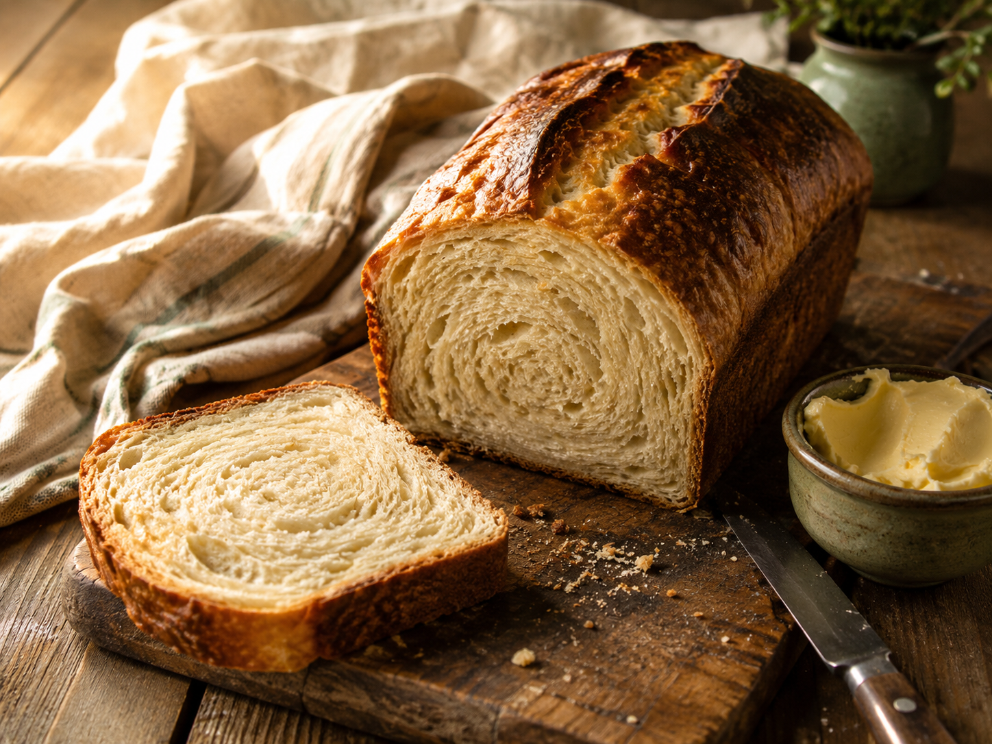 Sliced rustic sourdough croissant loaf on a wooden board showing a soft buttery spiral through the crumb