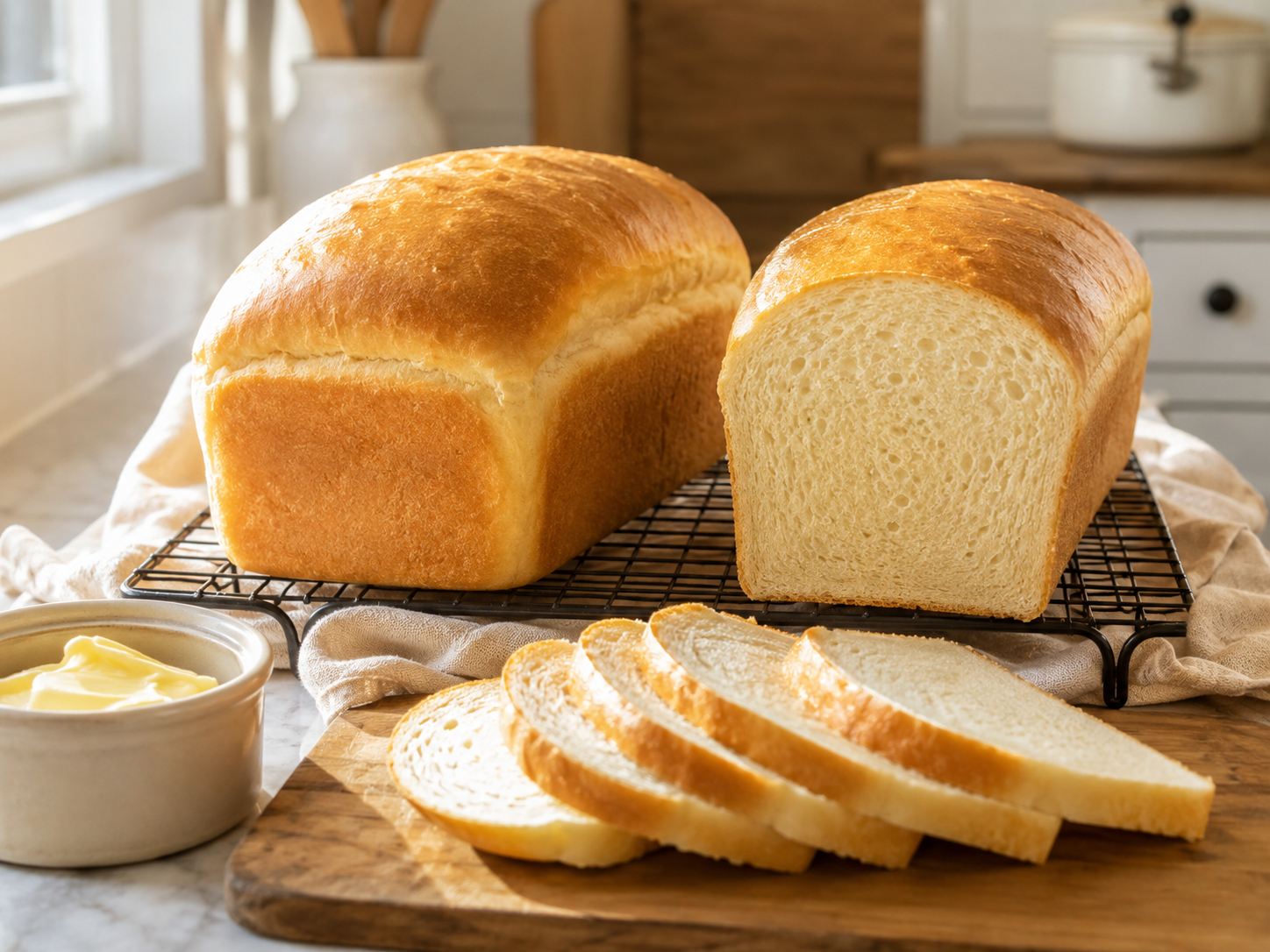 Two golden sourdough sandwich loaves cooling on a wire rack, one sliced to show a soft even crumb