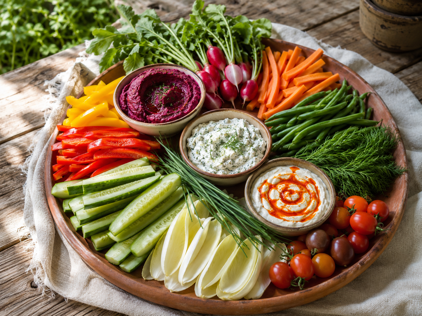 Vegetable tray with beet hummus, herbed cream cheese and harissa yogurt dips surrounded by fresh cut garden vegetables