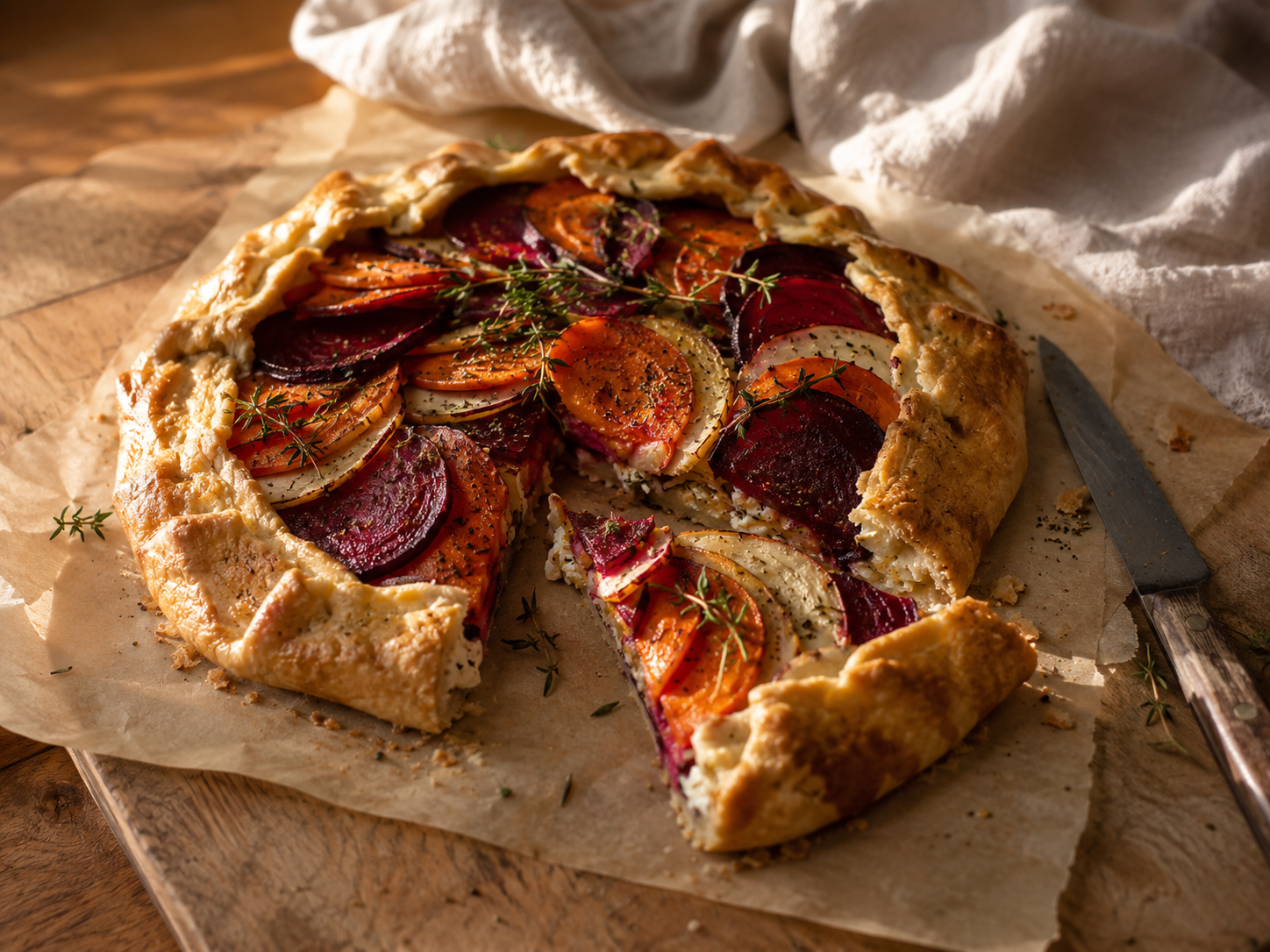 Rustic free-form galette topped with roasted beet and root vegetable slices over herbed goat cheese, scattered with thyme