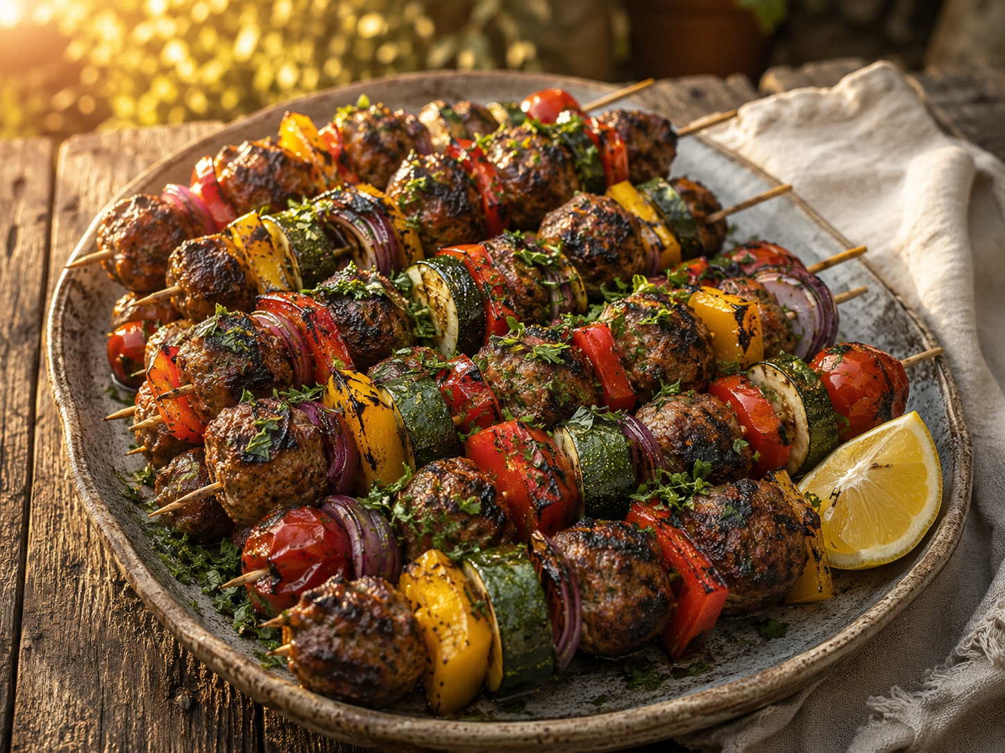 Grilled meatball skewers on a platter threaded with red and yellow pepper, red onion and cherry tomato, scattered with fresh herbs