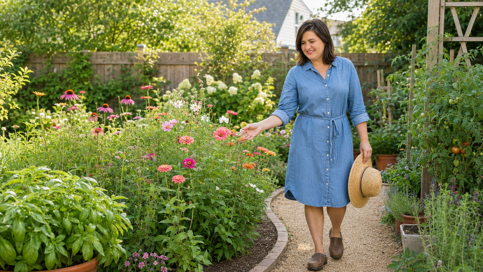 Sanda walking through her flower and vegetable garden in Houston, Texas